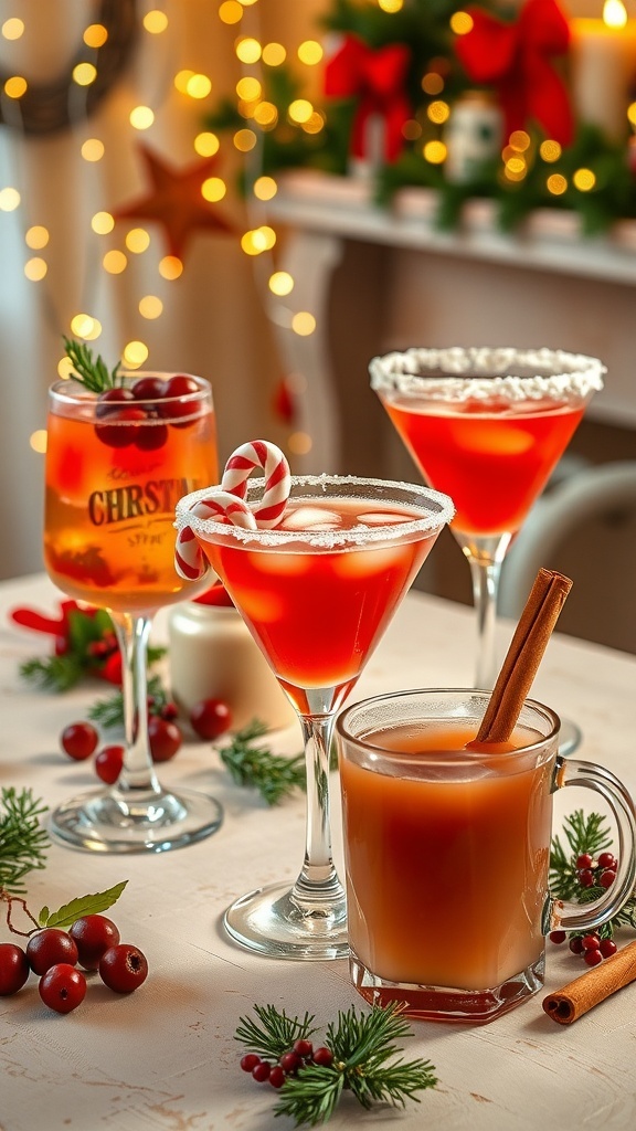A festive table with Christmas cocktails including cranberry margarita, peppermint martini, and warm apple cider.
